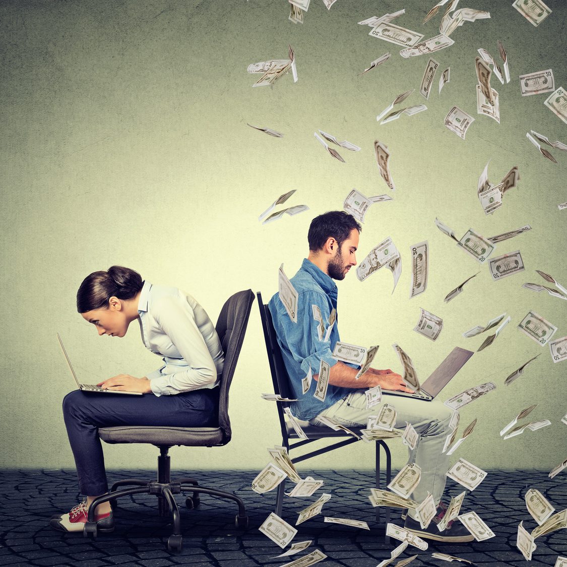 Employee compensation economy concept. Woman working on laptop sitting next to man under money rain.